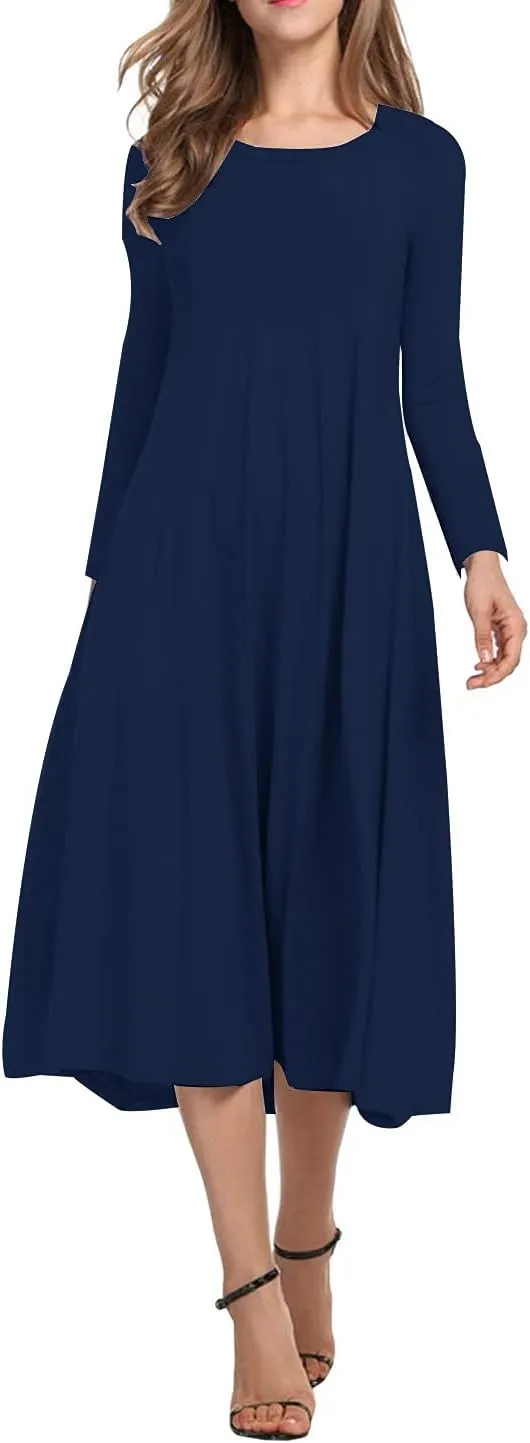 Necooer Women's Casual Loose Plain Pleated Long Dress Short Sleeve Midi Dresses