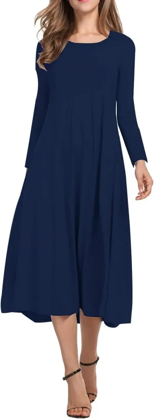 Necooer Women's Casual Loose Plain Pleated Long Dress Short Sleeve Midi Dresses