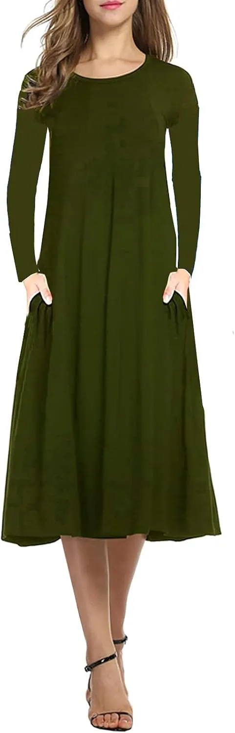 Necooer Women's Casual Loose Plain Pleated Long Dress Short Sleeve Midi Dresses