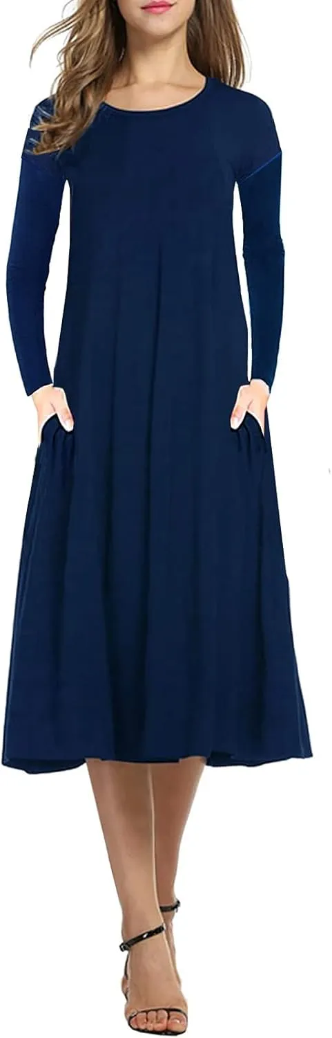 Necooer Women's Casual Loose Plain Pleated Long Dress Short Sleeve Midi Dresses