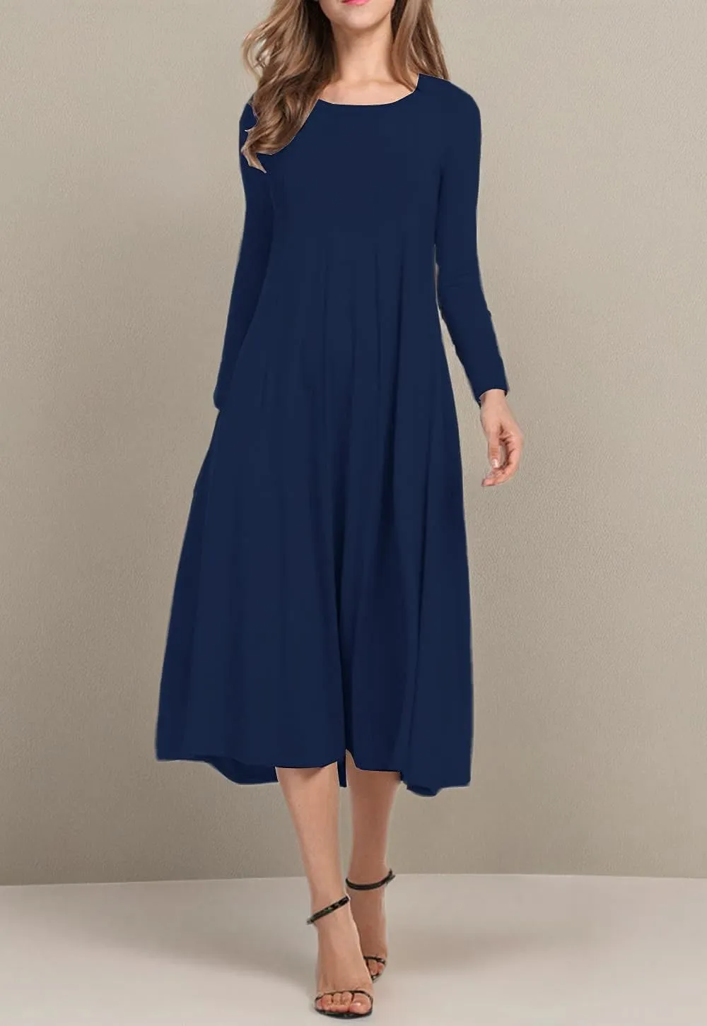 Necooer Women's Casual Loose Plain Pleated Long Dress Short Sleeve Midi Dresses
