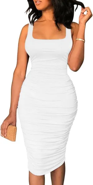 Nimsruc Women's Sexy Casual Tank Top Bodycon Dress Ruched Pencil Sleeveless Basic Midi Club Dresses