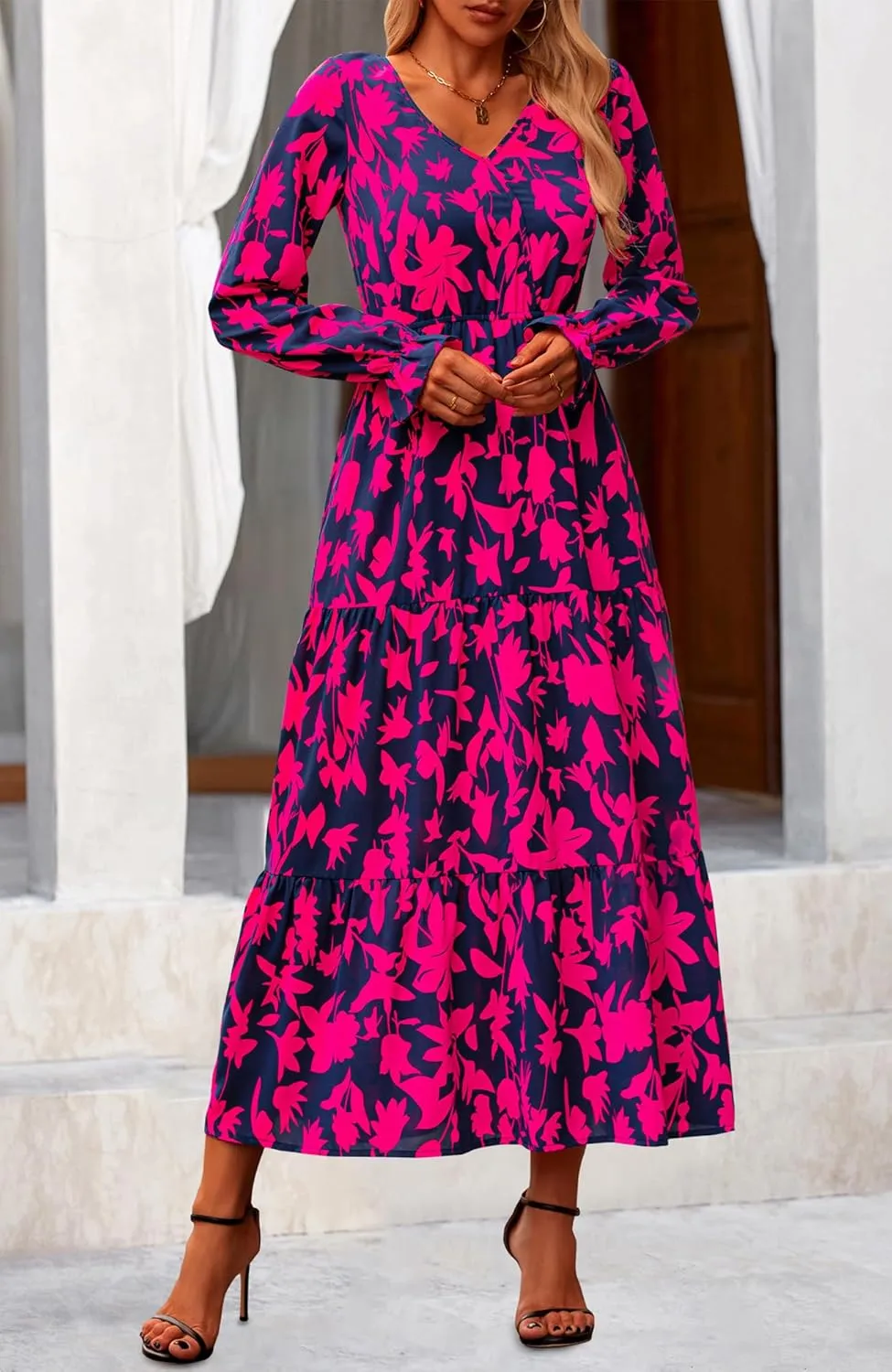NOLLSOM Women's 2024 Fall Dresses Boho Maxi Dress Casual Long Sleeve V Neck Floral Dresses Wedding Guest Dress