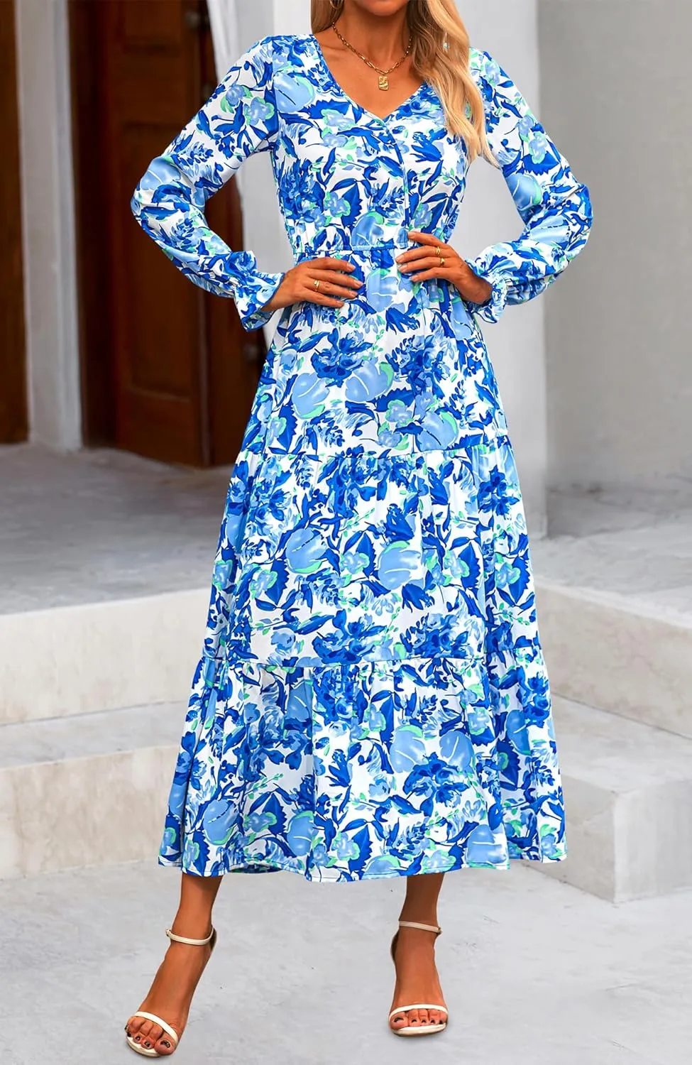 NOLLSOM Women's 2024 Fall Dresses Boho Maxi Dress Casual Long Sleeve V Neck Floral Dresses Wedding Guest Dress