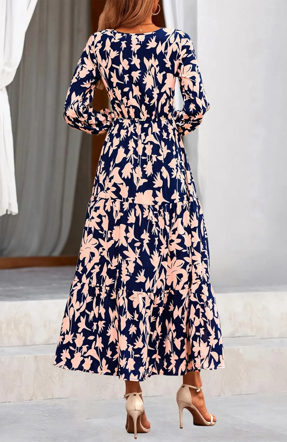 NOLLSOM Women's 2024 Fall Dresses Boho Maxi Dress Casual Long Sleeve V Neck Floral Dresses Wedding Guest Dress