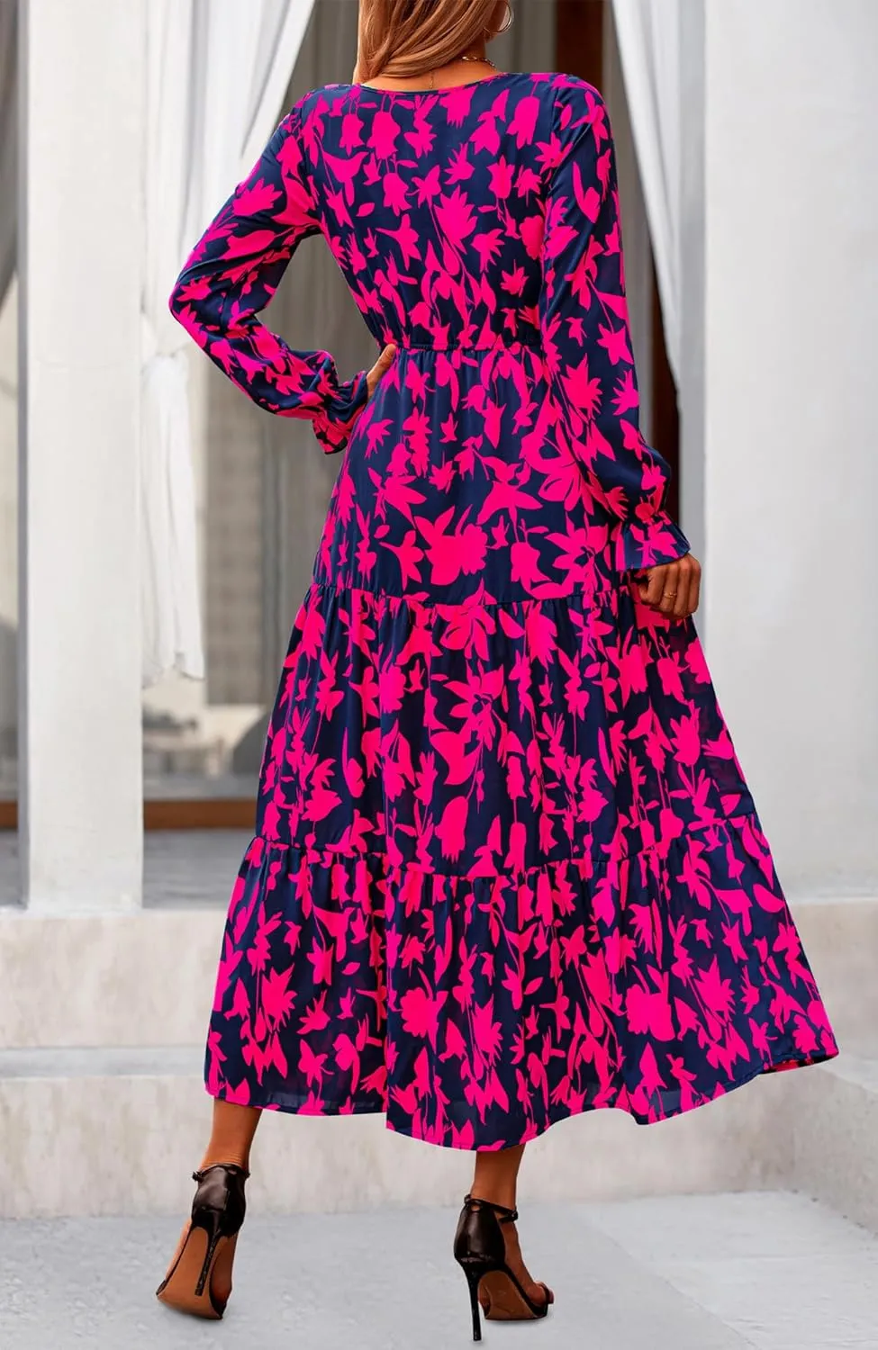 NOLLSOM Women's 2024 Fall Dresses Boho Maxi Dress Casual Long Sleeve V Neck Floral Dresses Wedding Guest Dress