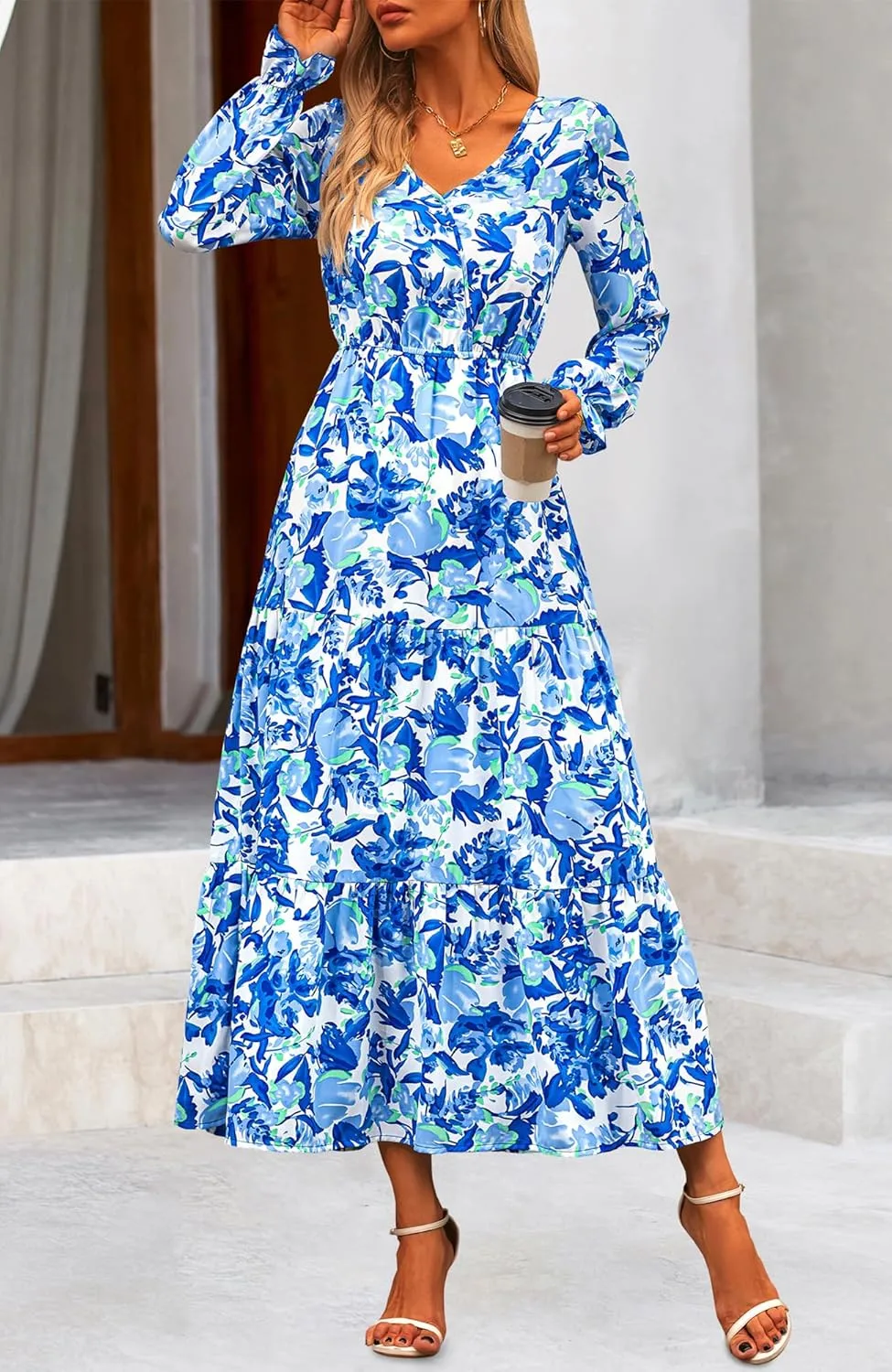 NOLLSOM Women's 2024 Fall Dresses Boho Maxi Dress Casual Long Sleeve V Neck Floral Dresses Wedding Guest Dress