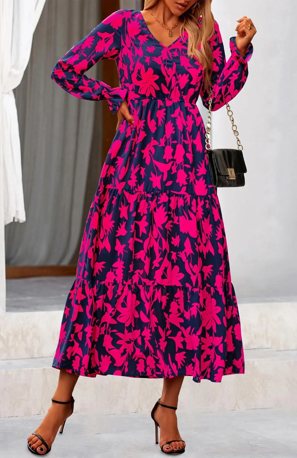 NOLLSOM Women's 2024 Fall Dresses Boho Maxi Dress Casual Long Sleeve V Neck Floral Dresses Wedding Guest Dress