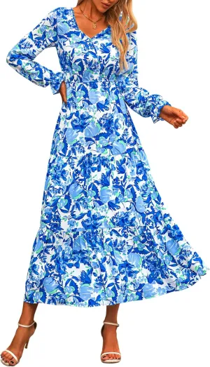 NOLLSOM Women's 2024 Fall Dresses Boho Maxi Dress Casual Long Sleeve V Neck Floral Dresses Wedding Guest Dress