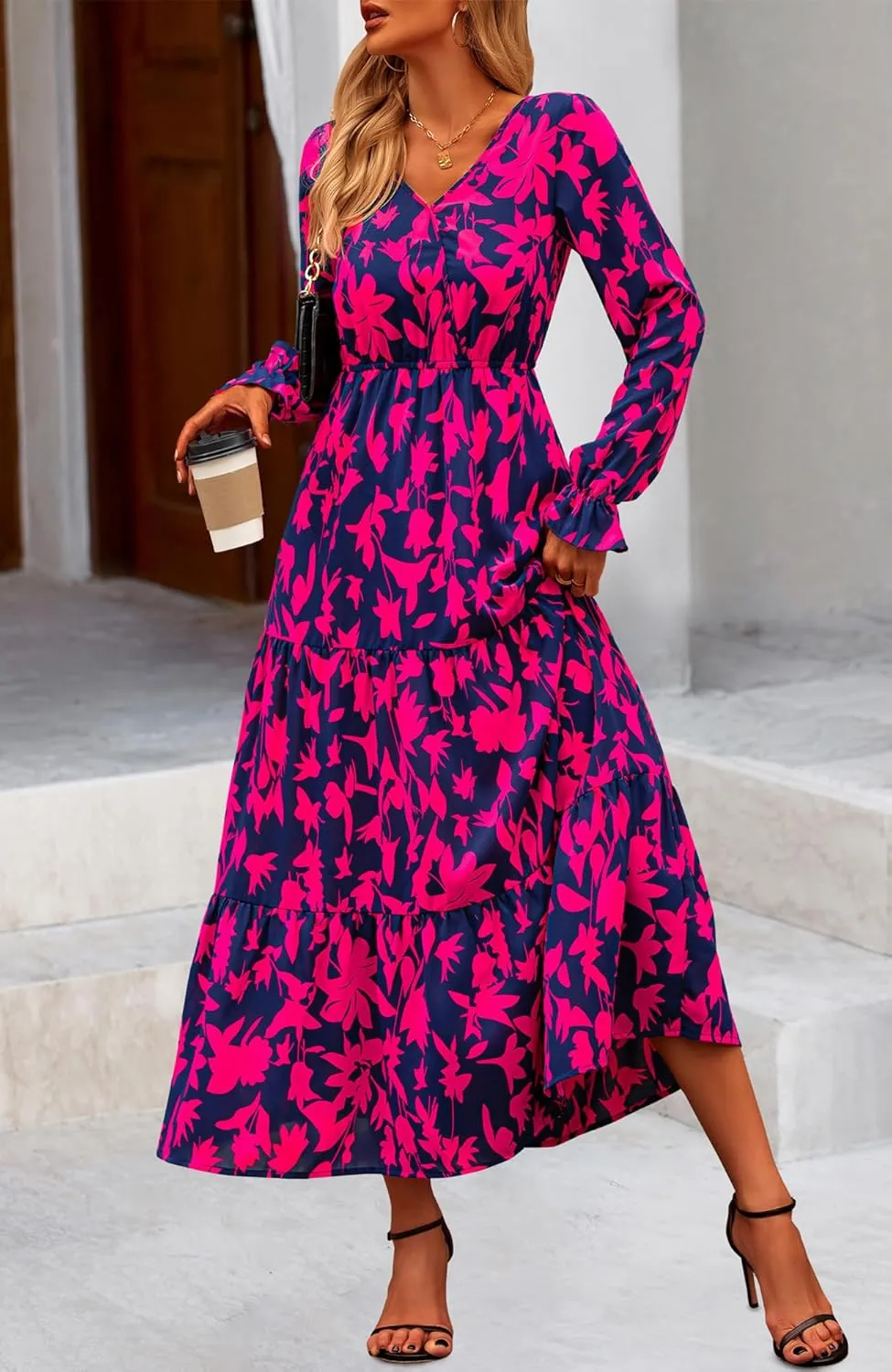 NOLLSOM Women's 2024 Fall Dresses Boho Maxi Dress Casual Long Sleeve V Neck Floral Dresses Wedding Guest Dress