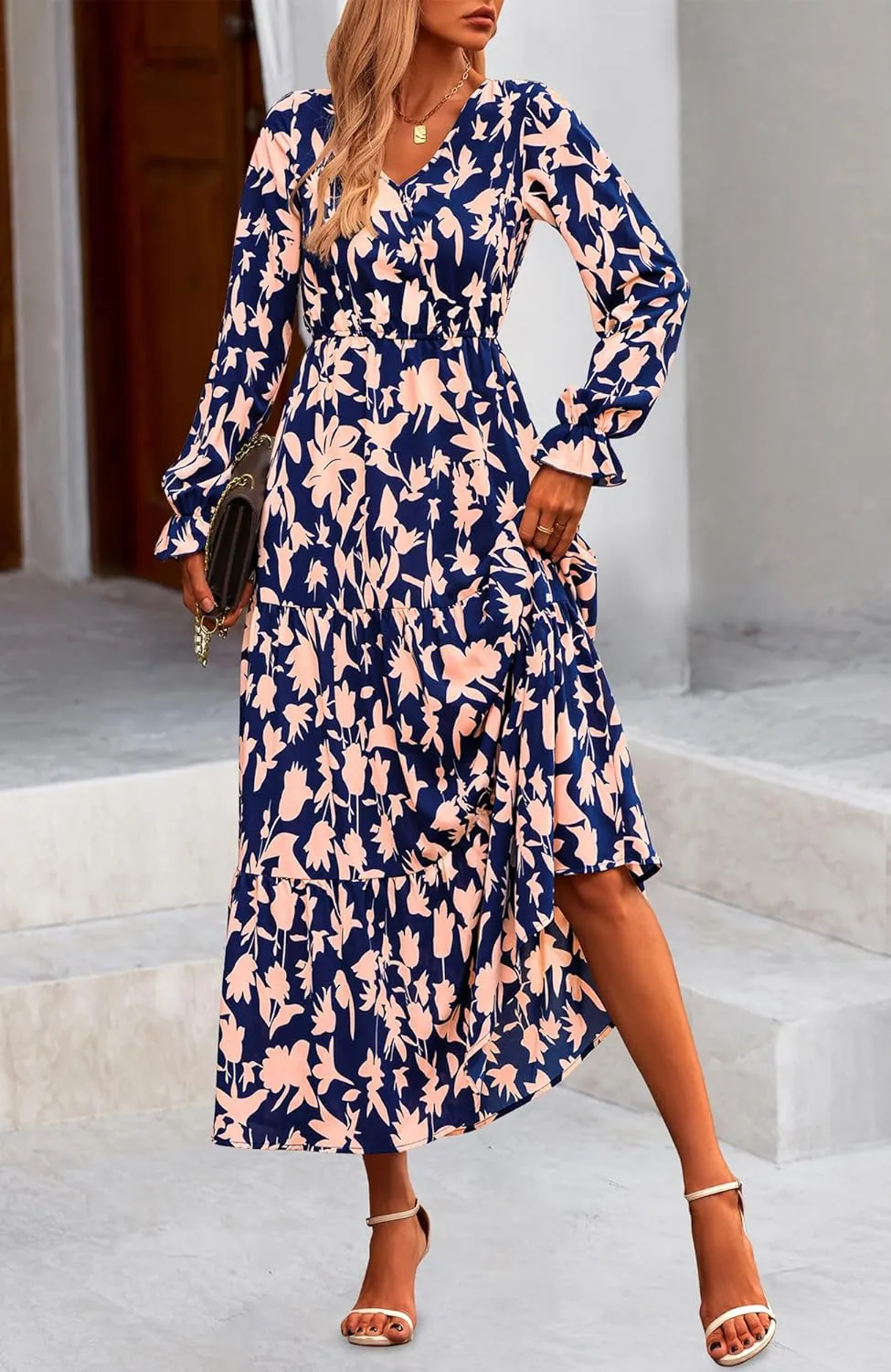 NOLLSOM Women's 2024 Fall Dresses Boho Maxi Dress Casual Long Sleeve V Neck Floral Dresses Wedding Guest Dress