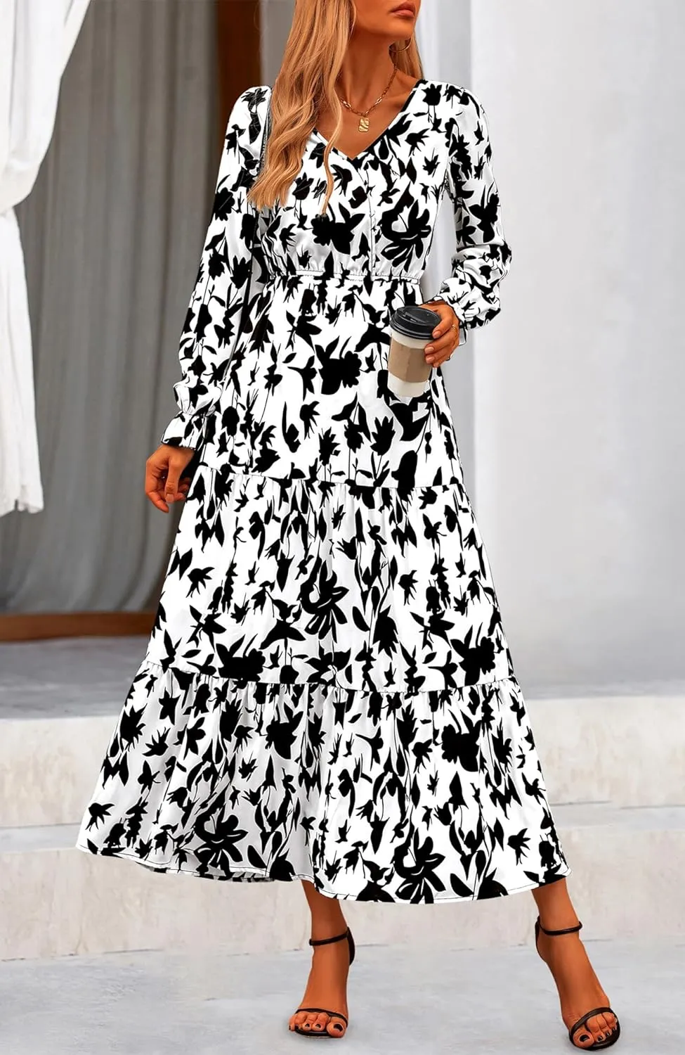 NOLLSOM Women's 2024 Fall Dresses Boho Maxi Dress Casual Long Sleeve V Neck Floral Dresses Wedding Guest Dress