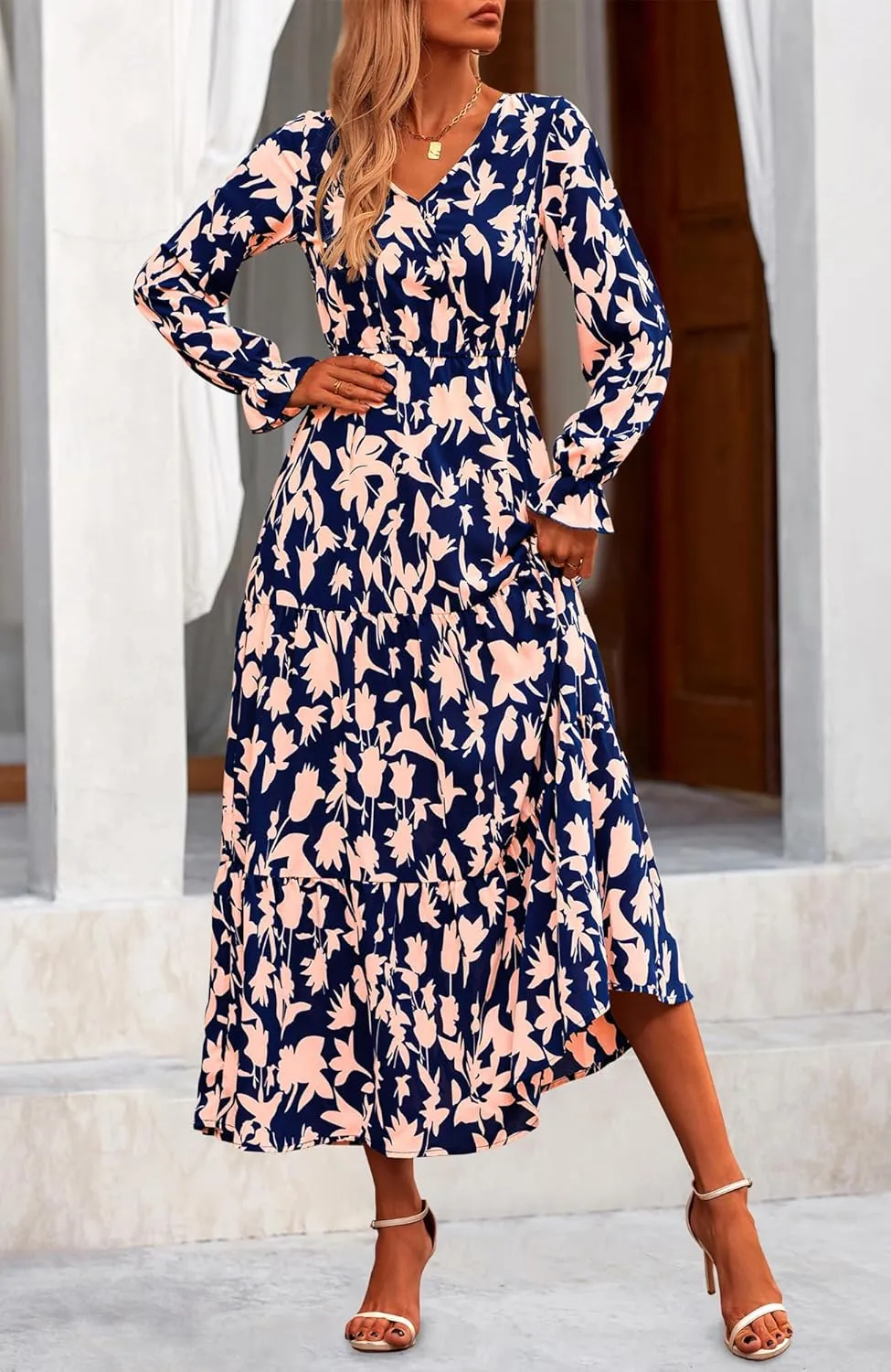 NOLLSOM Women's 2024 Fall Dresses Boho Maxi Dress Casual Long Sleeve V Neck Floral Dresses Wedding Guest Dress