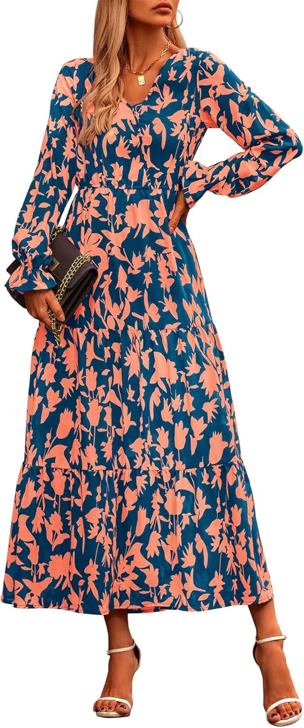 NOLLSOM Women's 2024 Fall Dresses Boho Maxi Dress Casual Long Sleeve V Neck Floral Dresses Wedding Guest Dress