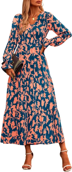 NOLLSOM Women's 2024 Fall Dresses Boho Maxi Dress Casual Long Sleeve V Neck Floral Dresses Wedding Guest Dress