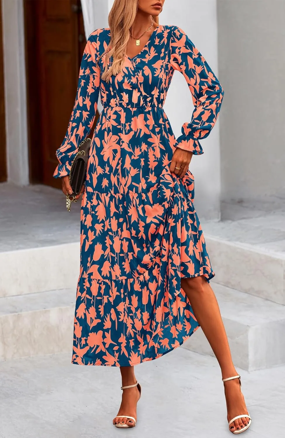 NOLLSOM Women's 2024 Fall Dresses Boho Maxi Dress Casual Long Sleeve V Neck Floral Dresses Wedding Guest Dress