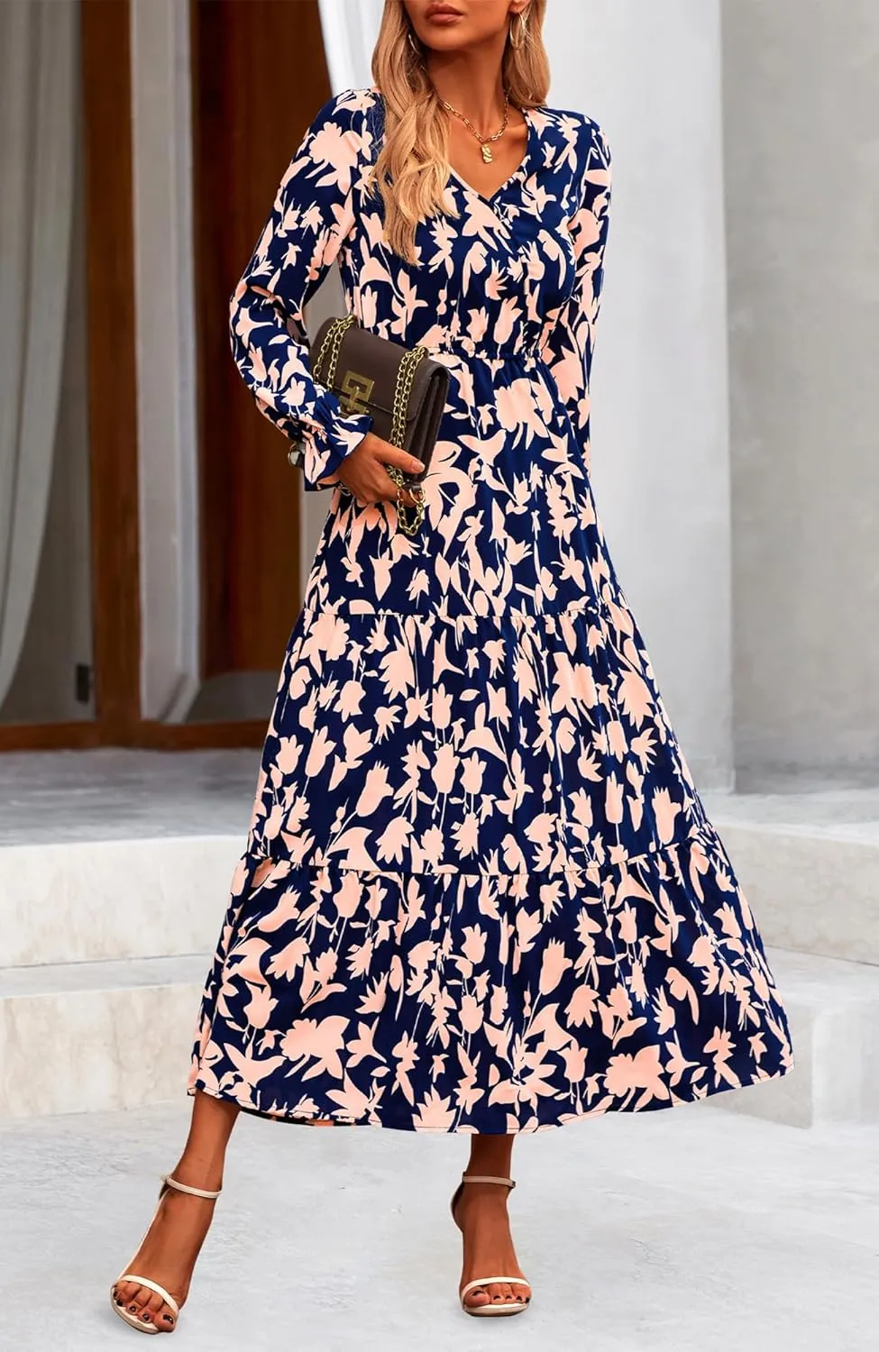 NOLLSOM Women's 2024 Fall Dresses Boho Maxi Dress Casual Long Sleeve V Neck Floral Dresses Wedding Guest Dress