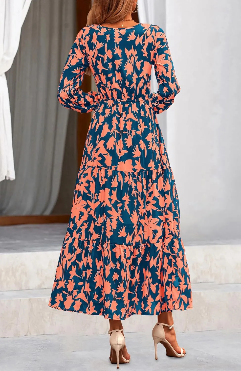 NOLLSOM Women's 2024 Fall Dresses Boho Maxi Dress Casual Long Sleeve V Neck Floral Dresses Wedding Guest Dress