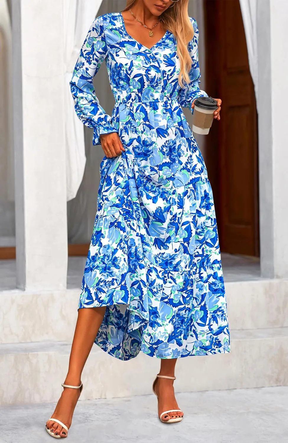NOLLSOM Women's 2024 Fall Dresses Boho Maxi Dress Casual Long Sleeve V Neck Floral Dresses Wedding Guest Dress