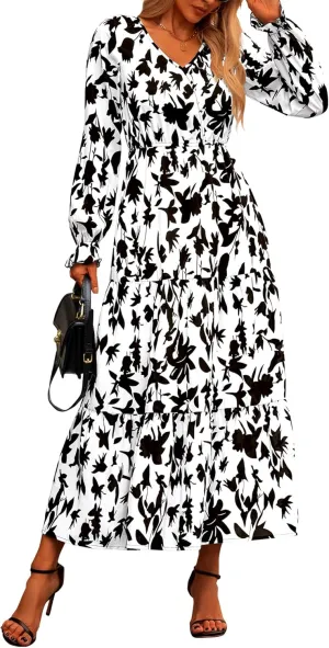 NOLLSOM Women's 2024 Fall Dresses Boho Maxi Dress Casual Long Sleeve V Neck Floral Dresses Wedding Guest Dress