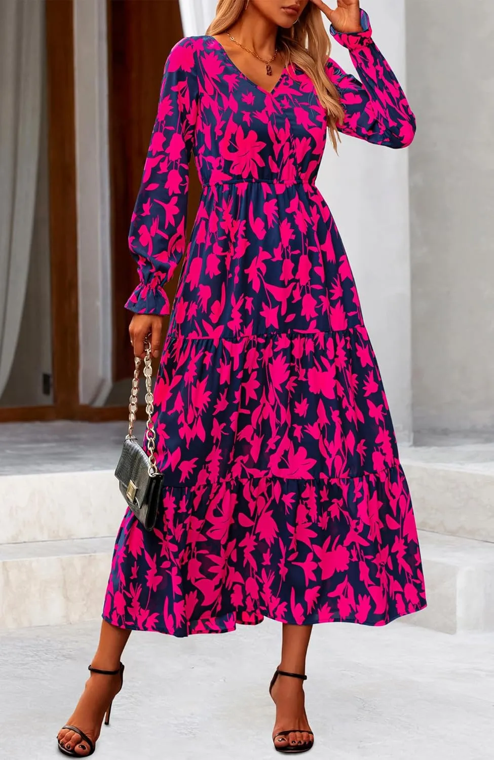 NOLLSOM Women's 2024 Fall Dresses Boho Maxi Dress Casual Long Sleeve V Neck Floral Dresses Wedding Guest Dress