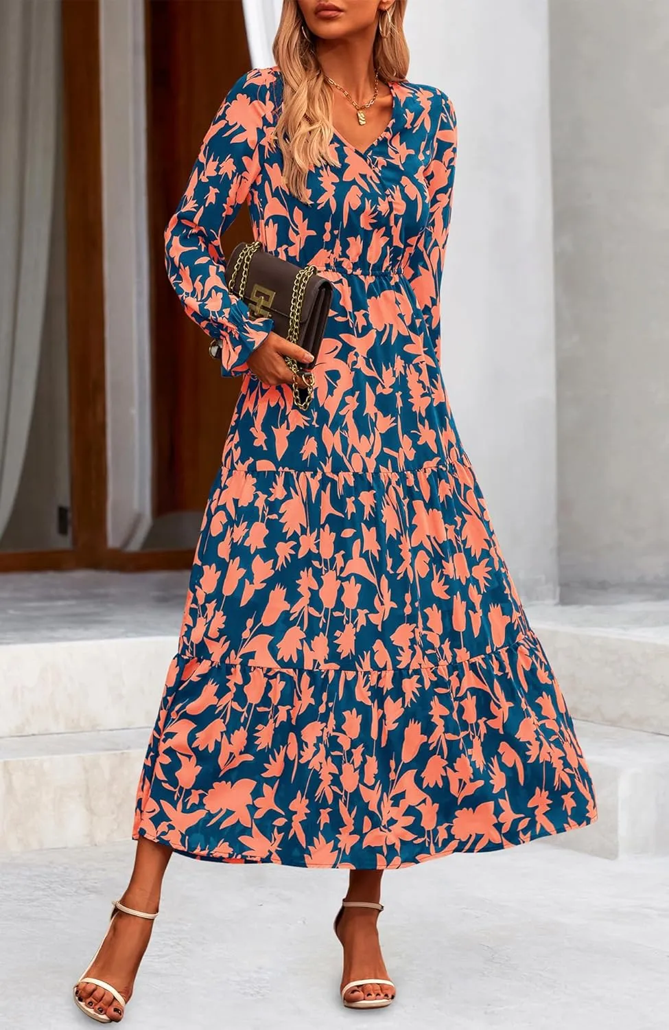 NOLLSOM Women's 2024 Fall Dresses Boho Maxi Dress Casual Long Sleeve V Neck Floral Dresses Wedding Guest Dress