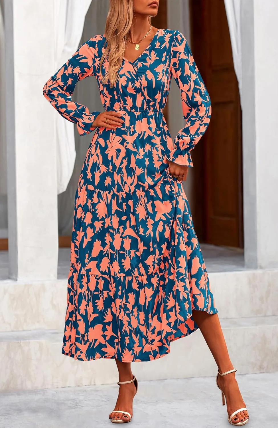 NOLLSOM Women's 2024 Fall Dresses Boho Maxi Dress Casual Long Sleeve V Neck Floral Dresses Wedding Guest Dress