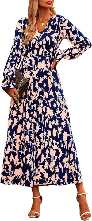 NOLLSOM Women's 2024 Fall Dresses Boho Maxi Dress Casual Long Sleeve V Neck Floral Dresses Wedding Guest Dress