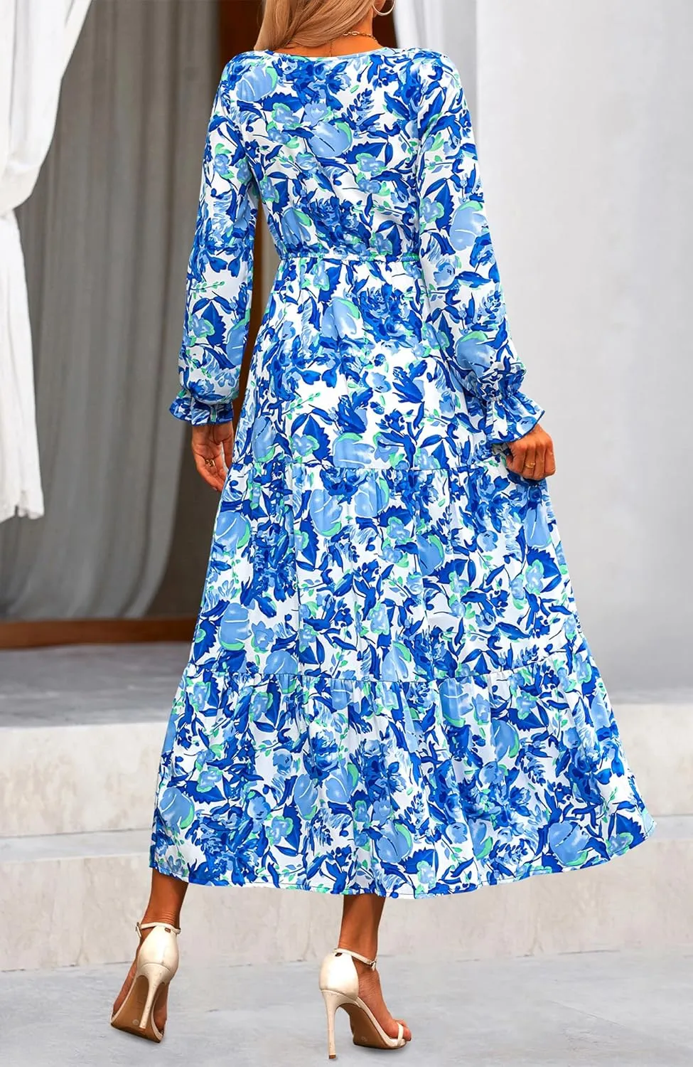 NOLLSOM Women's 2024 Fall Dresses Boho Maxi Dress Casual Long Sleeve V Neck Floral Dresses Wedding Guest Dress