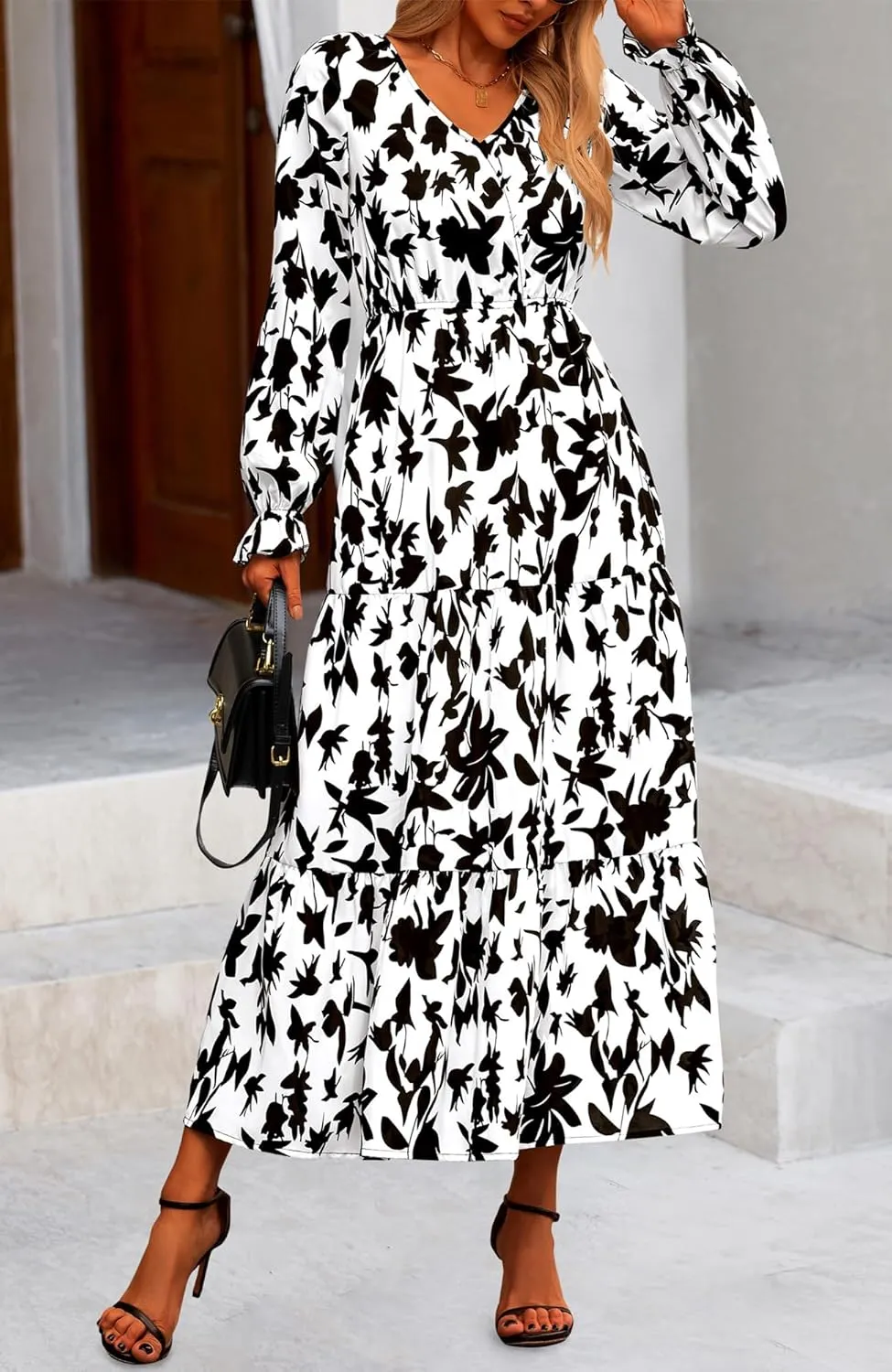 NOLLSOM Women's 2024 Fall Dresses Boho Maxi Dress Casual Long Sleeve V Neck Floral Dresses Wedding Guest Dress