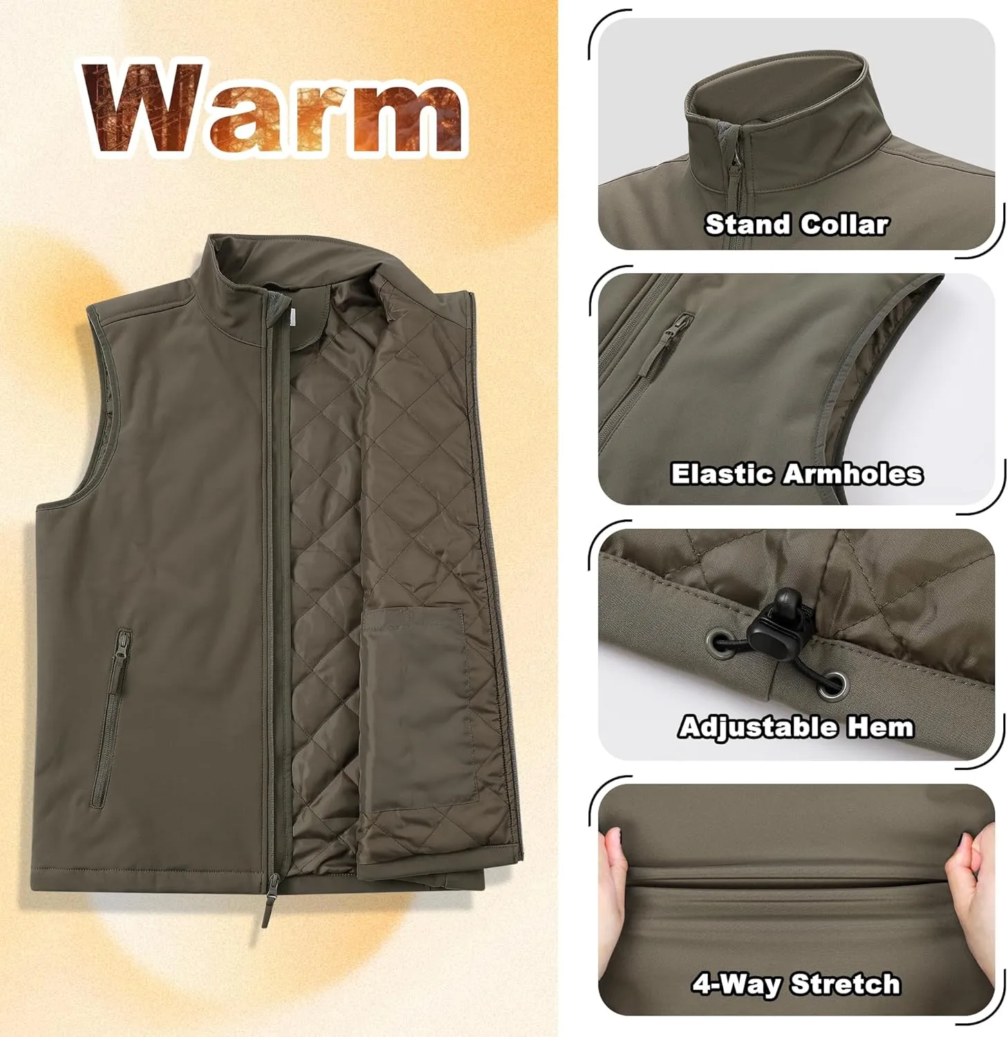 Outdoor Ventures Men's Casual Outerwear Vest Lightweight Winter Zip Up Sleeveless Jacket for Hiking Travel Golf Running