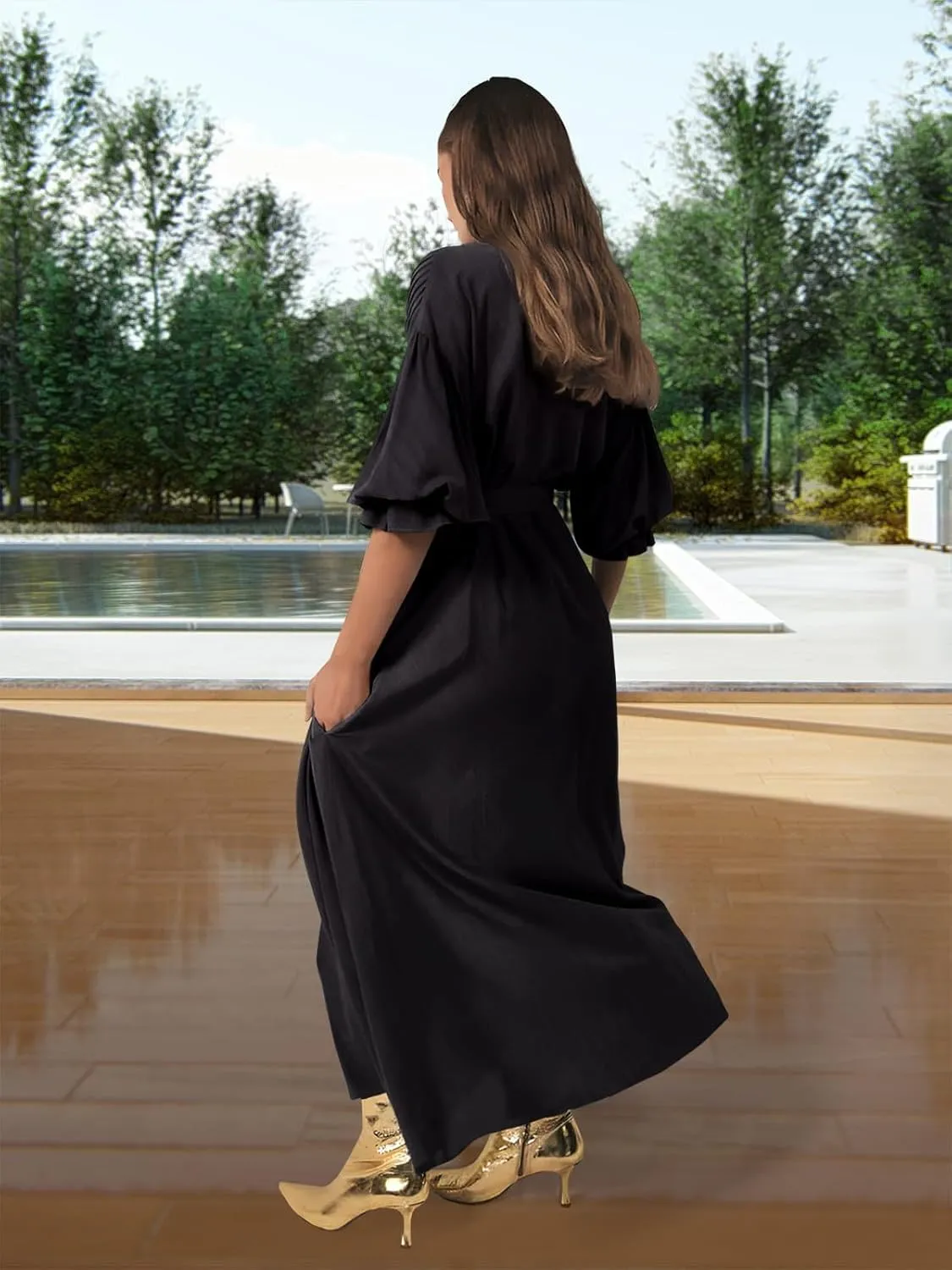 Paintcolors Women's Long Sleeve Maxi Dress Casual Button Down V Neck Flowy Belted Tie Waist A-Line Loose Shirt Swing Dresses