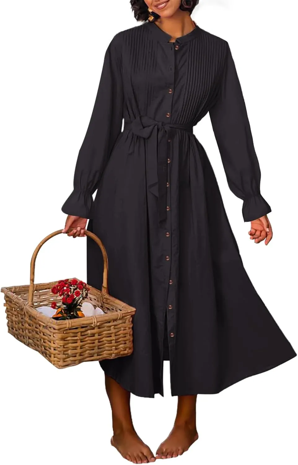 Paintcolors Women's Long Sleeve Maxi Dress Casual Button Down V Neck Flowy Belted Tie Waist A-Line Loose Shirt Swing Dresses