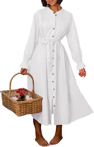 Paintcolors Women's Long Sleeve Maxi Dress Casual Button Down V Neck Flowy Belted Tie Waist A-Line Loose Shirt Swing Dresses