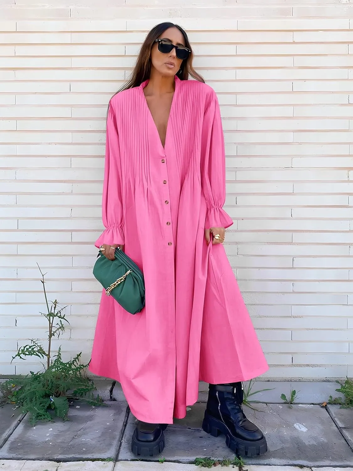 Paintcolors Women's Long Sleeve Maxi Dress Casual Button Down V Neck Flowy Belted Tie Waist A-Line Loose Shirt Swing Dresses