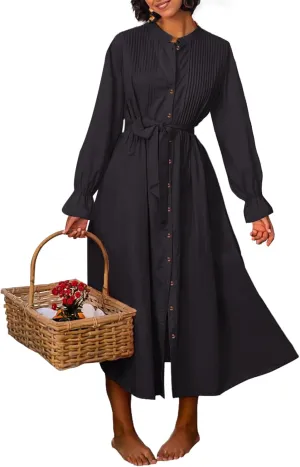 Paintcolors Women's Long Sleeve Maxi Dress Casual Button Down V Neck Flowy Belted Tie Waist A-Line Loose Shirt Swing Dresses