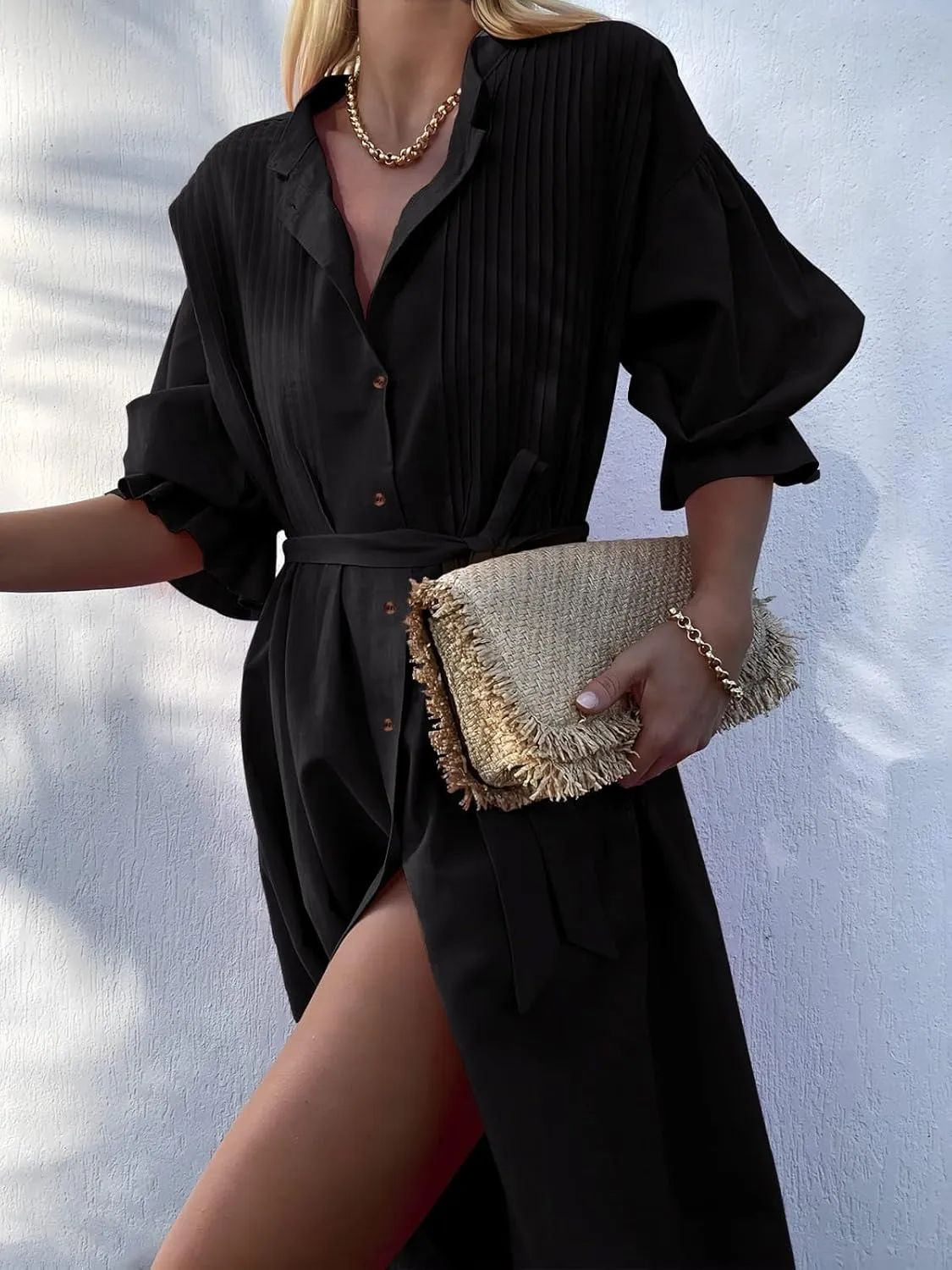 Paintcolors Women's Long Sleeve Maxi Dress Casual Button Down V Neck Flowy Belted Tie Waist A-Line Loose Shirt Swing Dresses