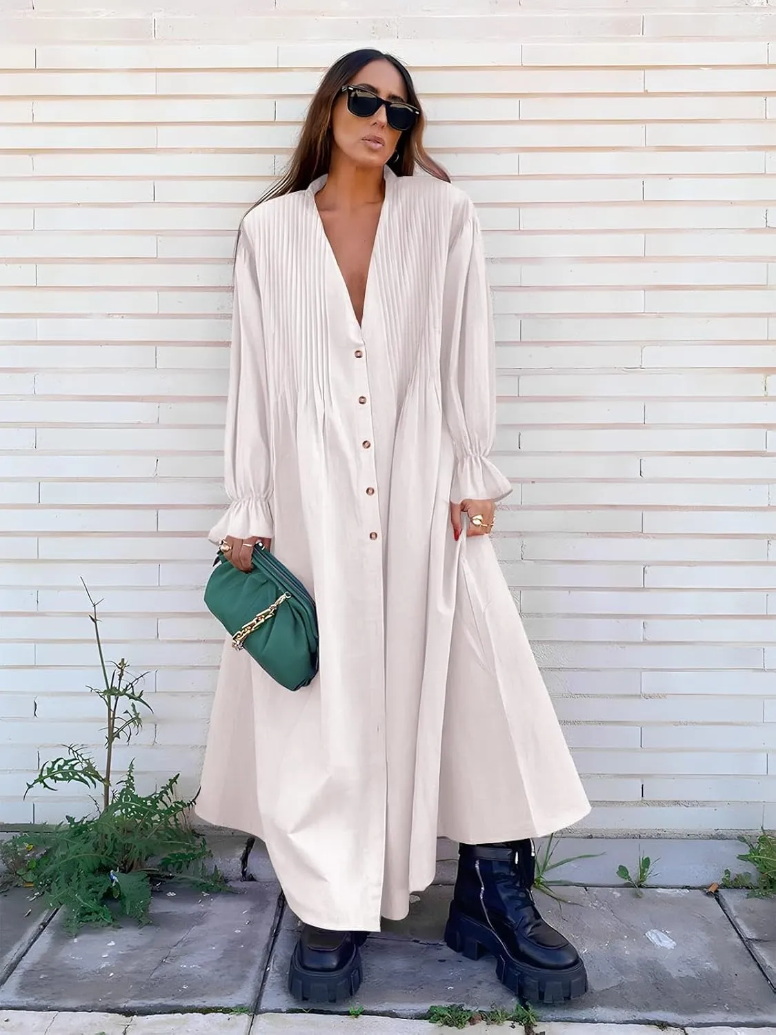 Paintcolors Women's Long Sleeve Maxi Dress Casual Button Down V Neck Flowy Belted Tie Waist A-Line Loose Shirt Swing Dresses