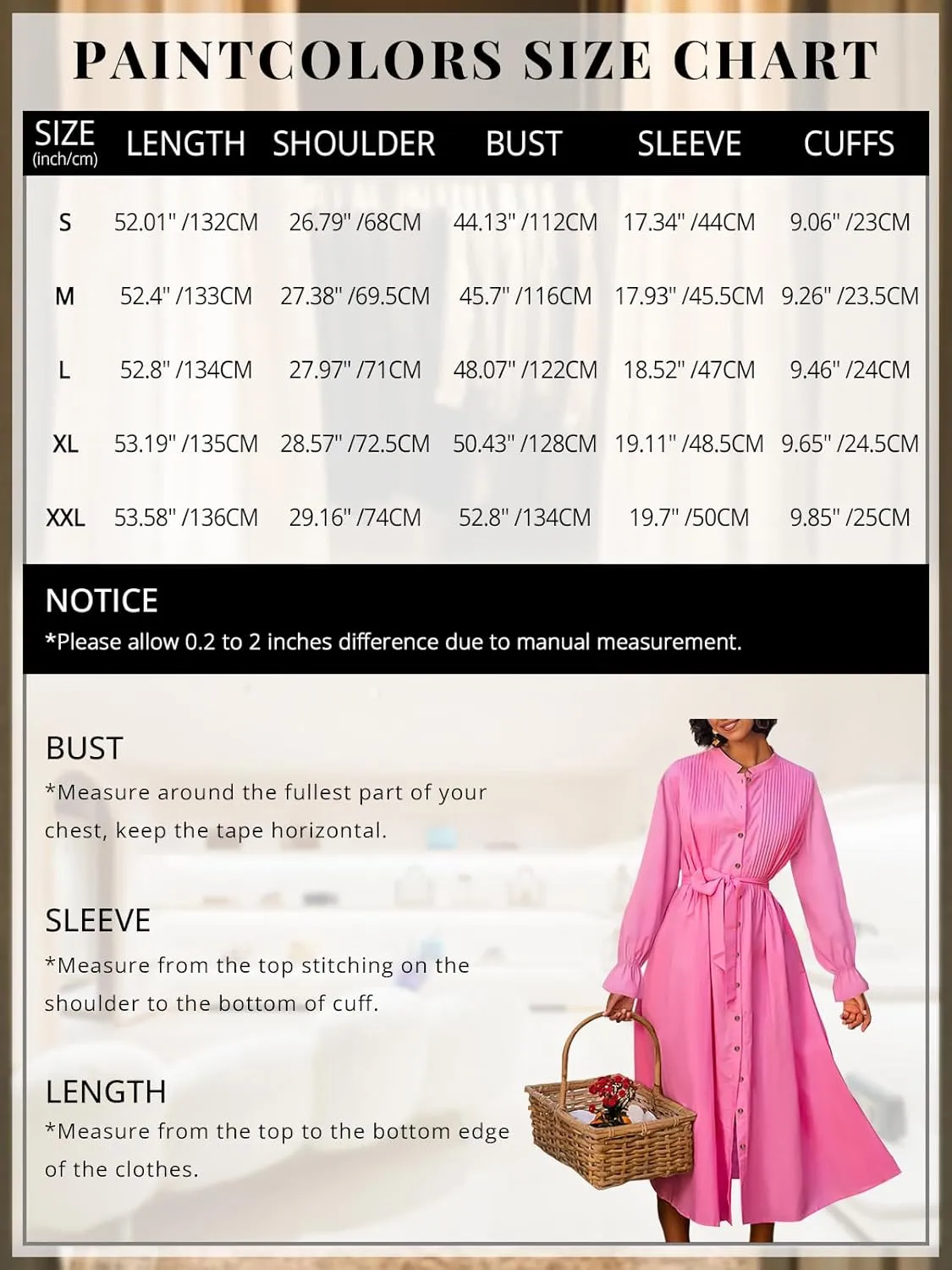 Paintcolors Women's Long Sleeve Maxi Dress Casual Button Down V Neck Flowy Belted Tie Waist A-Line Loose Shirt Swing Dresses