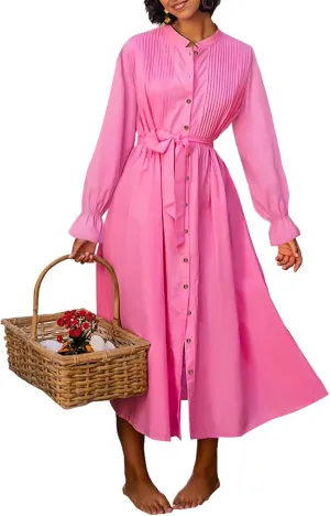 Paintcolors Women's Long Sleeve Maxi Dress Casual Button Down V Neck Flowy Belted Tie Waist A-Line Loose Shirt Swing Dresses