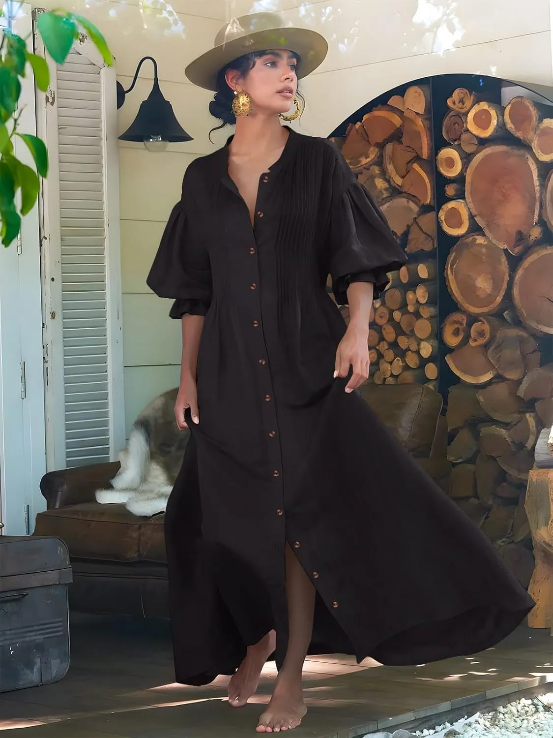 Paintcolors Women's Long Sleeve Maxi Dress Casual Button Down V Neck Flowy Belted Tie Waist A-Line Loose Shirt Swing Dresses