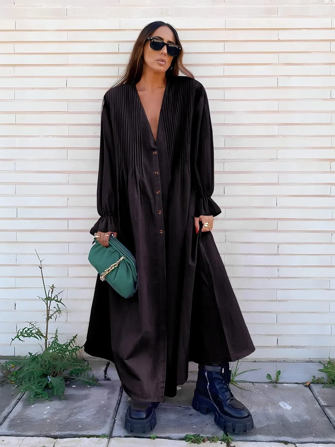 Paintcolors Women's Long Sleeve Maxi Dress Casual Button Down V Neck Flowy Belted Tie Waist A-Line Loose Shirt Swing Dresses