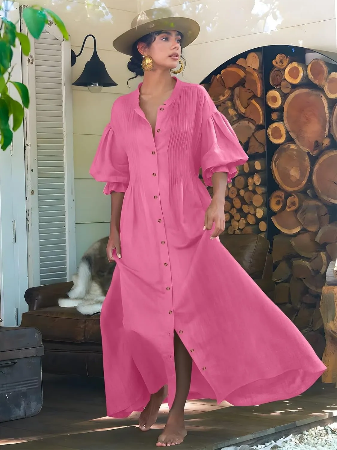 Paintcolors Women's Long Sleeve Maxi Dress Casual Button Down V Neck Flowy Belted Tie Waist A-Line Loose Shirt Swing Dresses