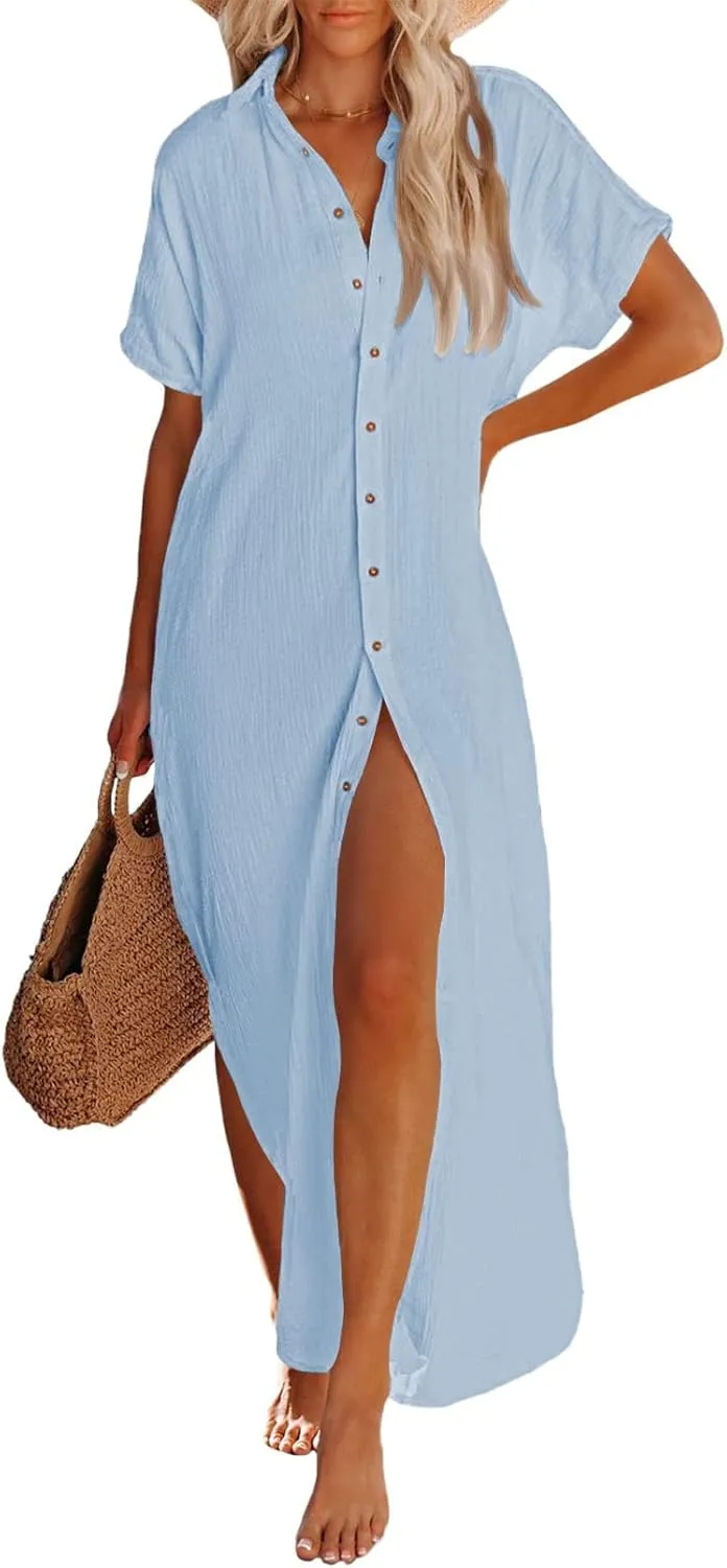 Pink Queen Women's Short Sleeve Button Down Side Slit Maxi Long Swimsuit Cover Up Blouse Dress with Belt