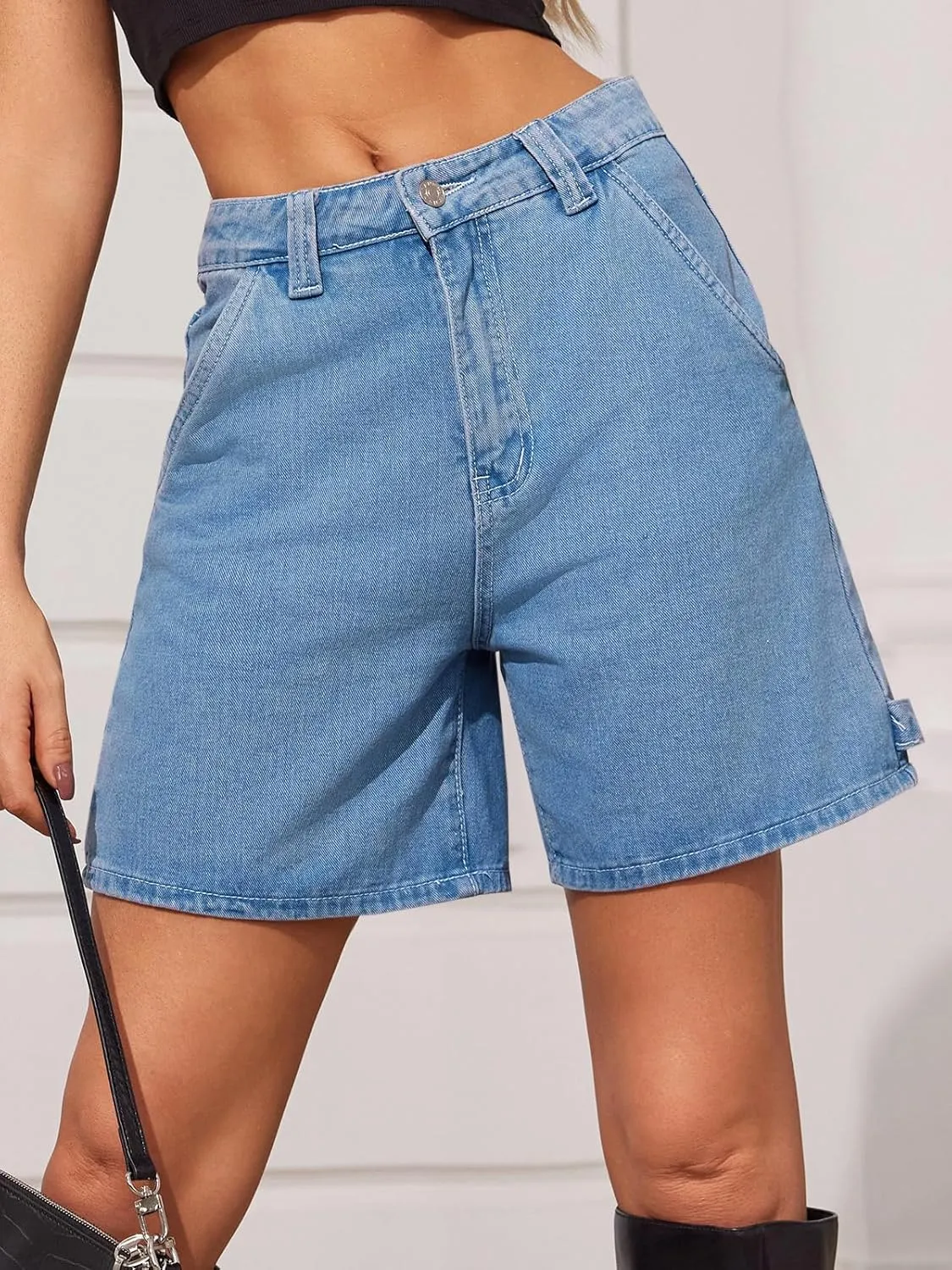 PLNOTME Womens High Waisted Denim Shorts Summer Casual Button Down Baggy Stretchy Jean Shorts with Pockets