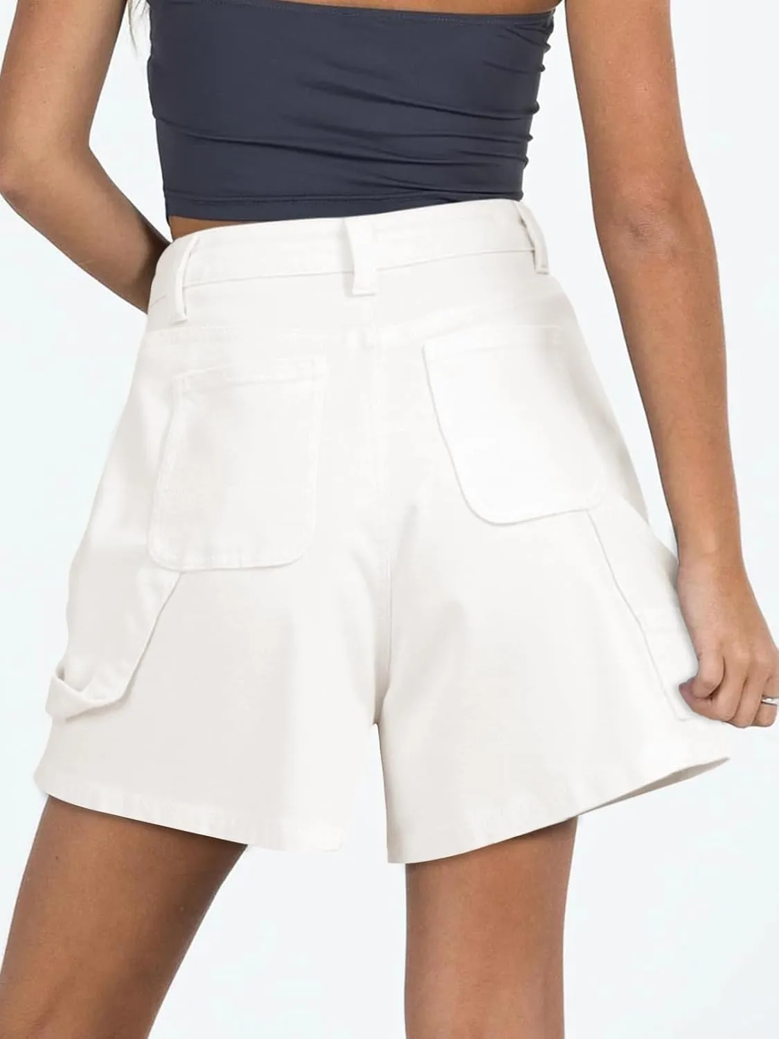 PLNOTME Womens High Waisted Denim Shorts Summer Casual Button Down Baggy Stretchy Jean Shorts with Pockets
