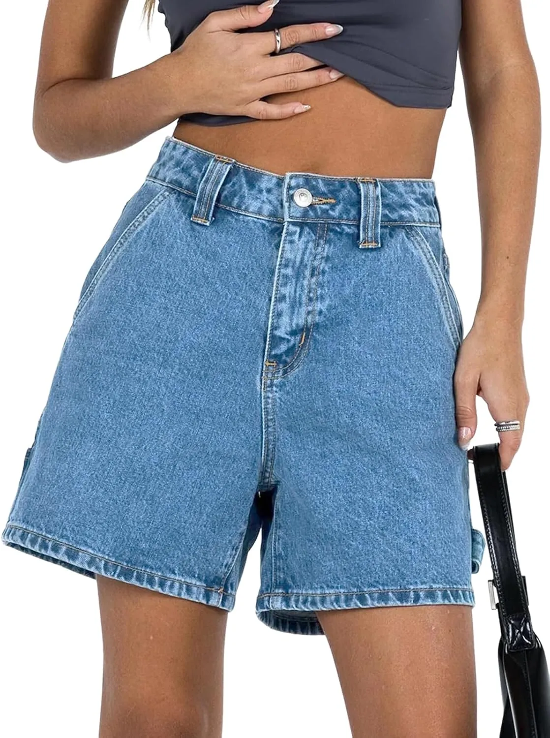 PLNOTME Womens High Waisted Denim Shorts Summer Casual Button Down Baggy Stretchy Jean Shorts with Pockets