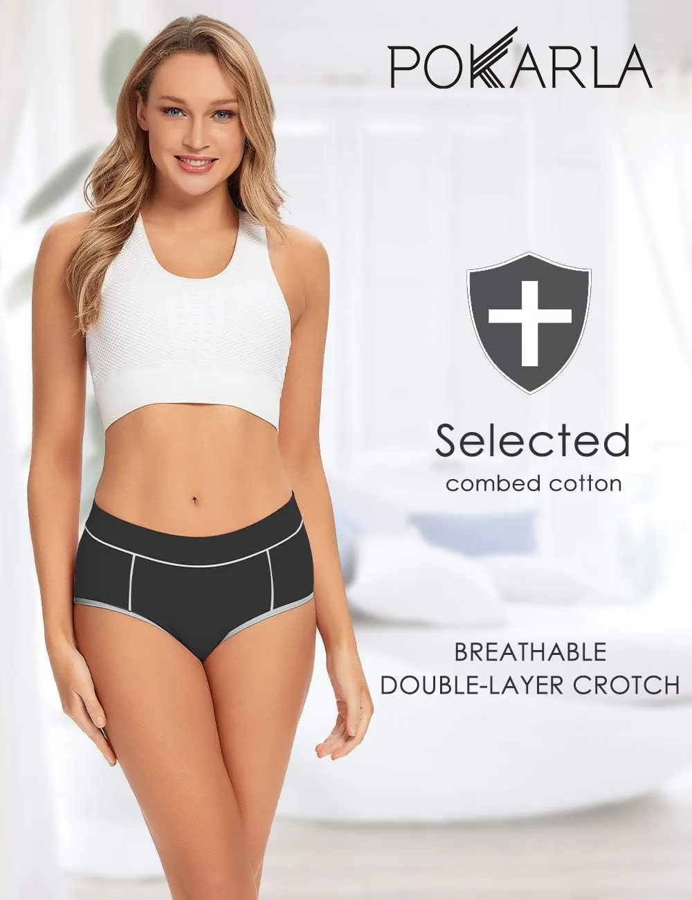 POKARLA Women's Cotton Stretch Underwear Ladies Mid-high Waisted Briefs Panties 5-Pack