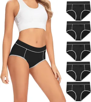 POKARLA Women's Cotton Stretch Underwear Ladies Mid-high Waisted Briefs Panties 5-Pack