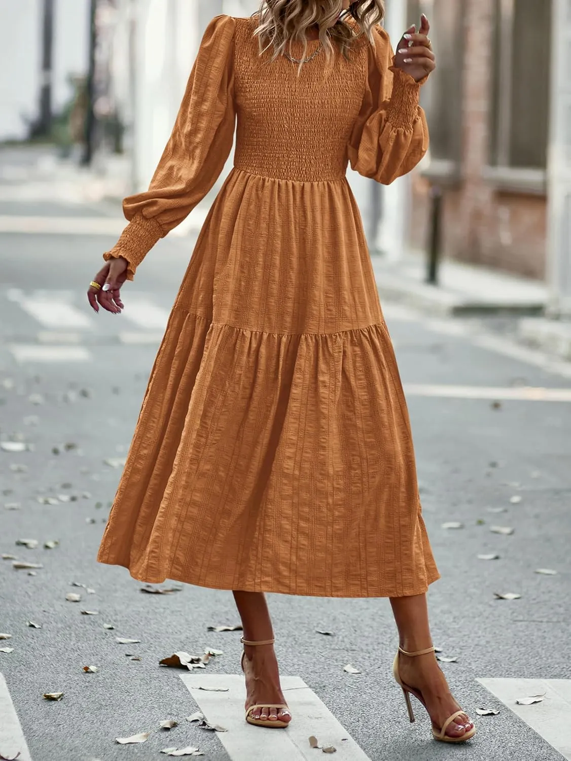 PRETTYGARDEN Women 2025 Spring Puff Long Sleeve Crewneck Smocked Maxi Dress Empire Waist Tiered A-line Swing Flowy Long Dress